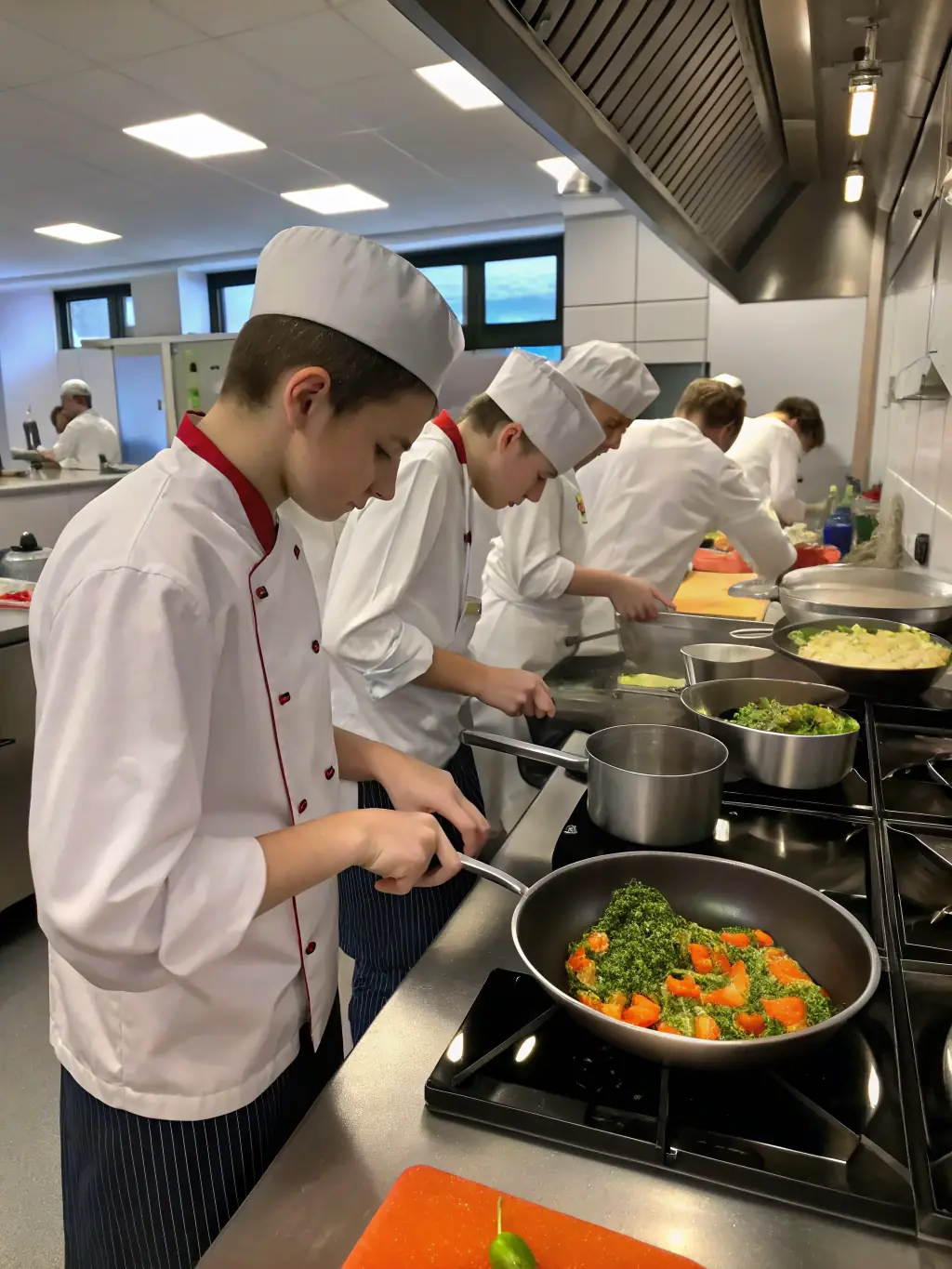 A student in a professional kitchen, carefully plating a dish with artistic flair, showcasing the culinary arts aspect of the Enogastronomy program at San Michele Arcangelo.