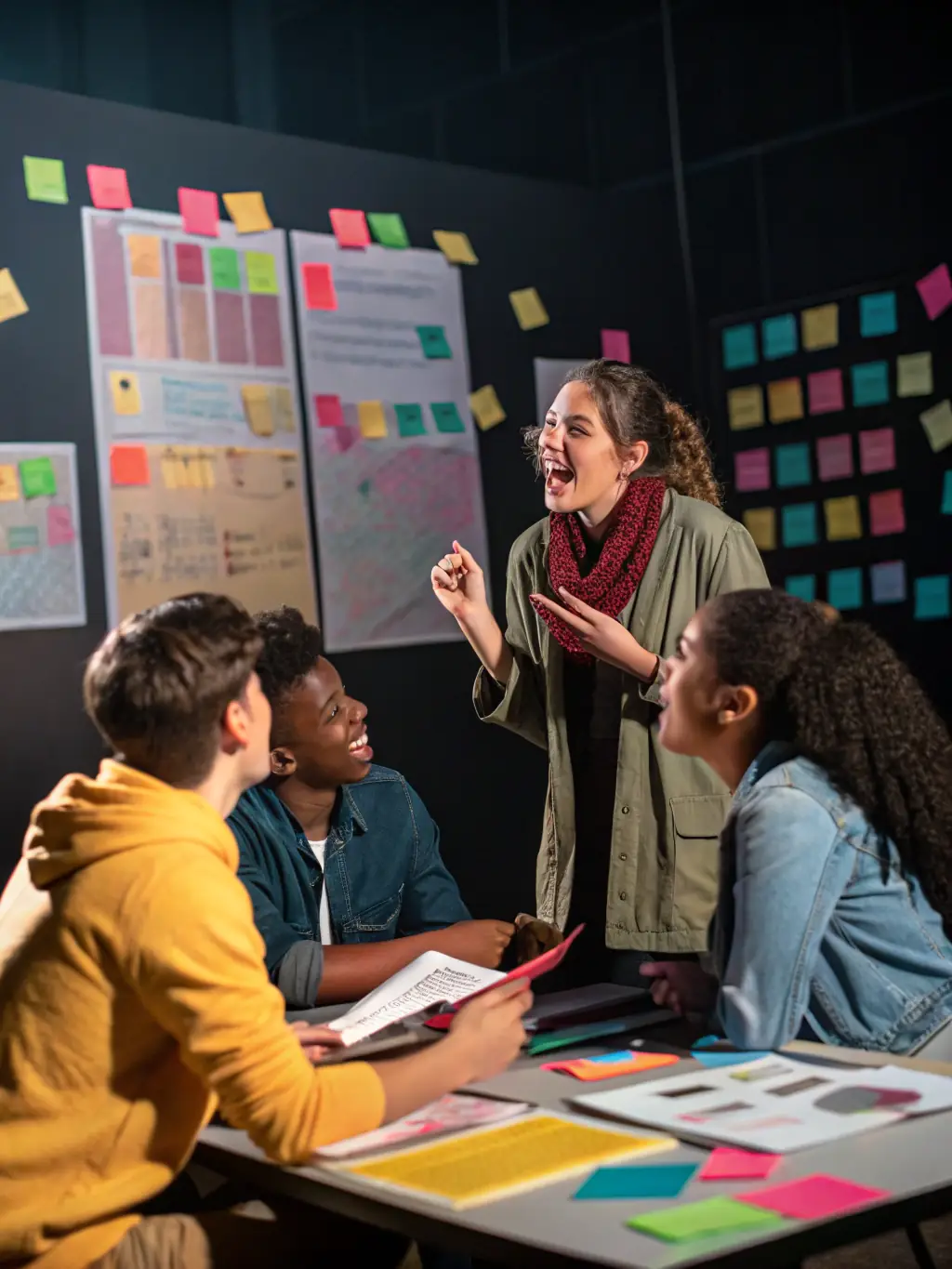 A group of students in a modern classroom, engaged in a lively discussion, symbolizing the advanced learning and practical approach of the ITS 4+2 program at San Michele Arcangelo.