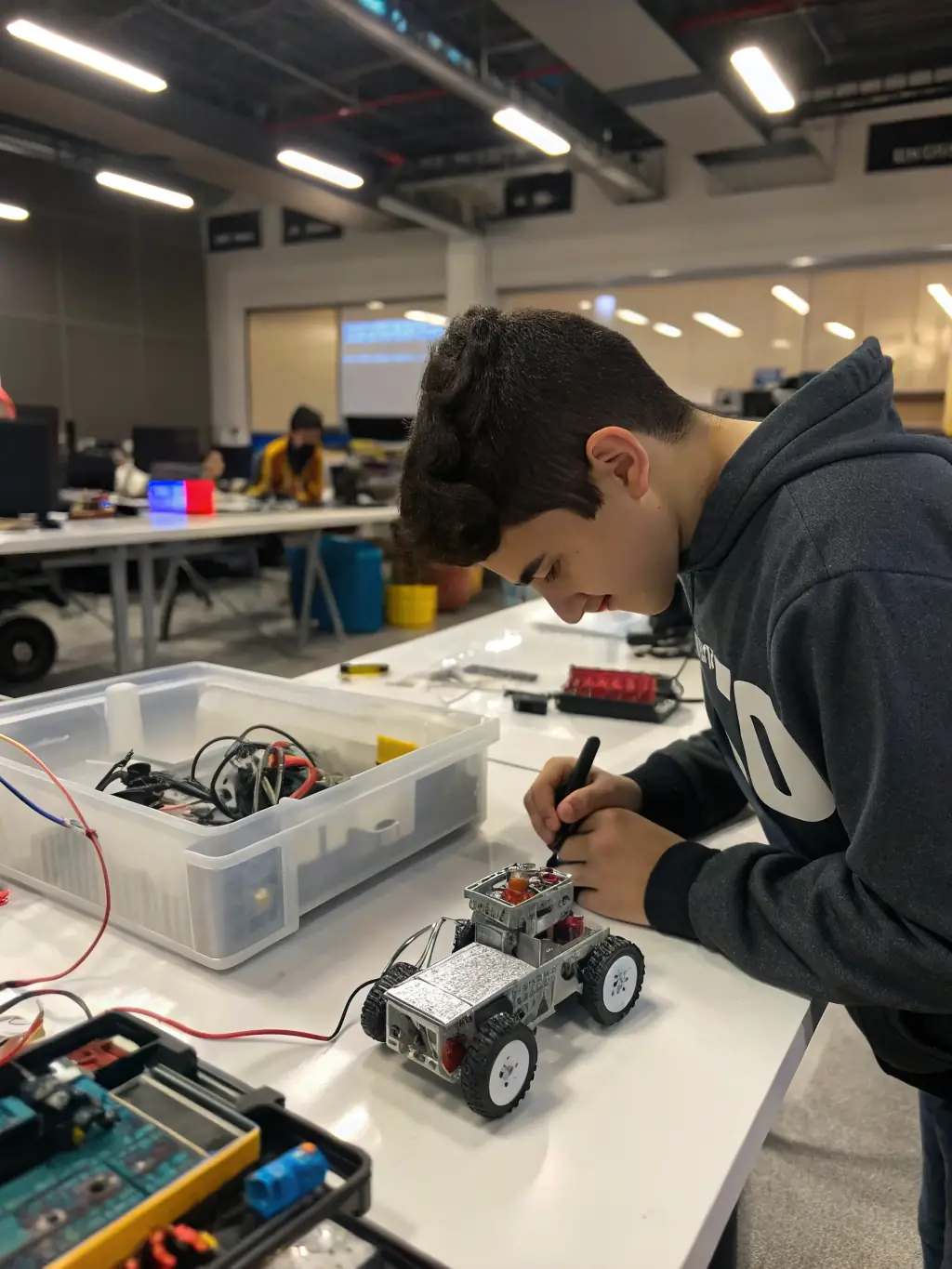 A student in a workshop, working on a practical project with tools and equipment, demonstrating the hands-on training provided by the IeFP program at San Michele Arcangelo.