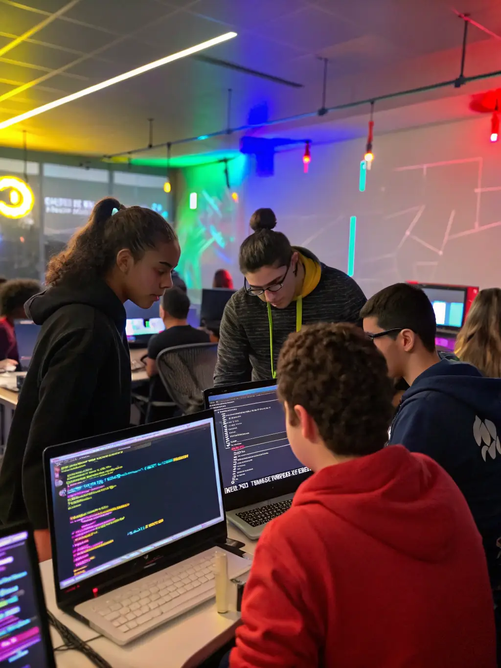 Students collaborating on a software development project, surrounded by monitors displaying code, representing the practical application of IT skills in the SIA program at San Michele Arcangelo.